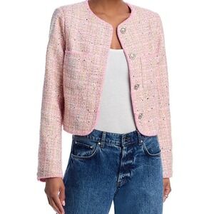 AQUA Pink Tweed Bouclé Jacket XS Gold Buttons Sparkle Cropped Preppy